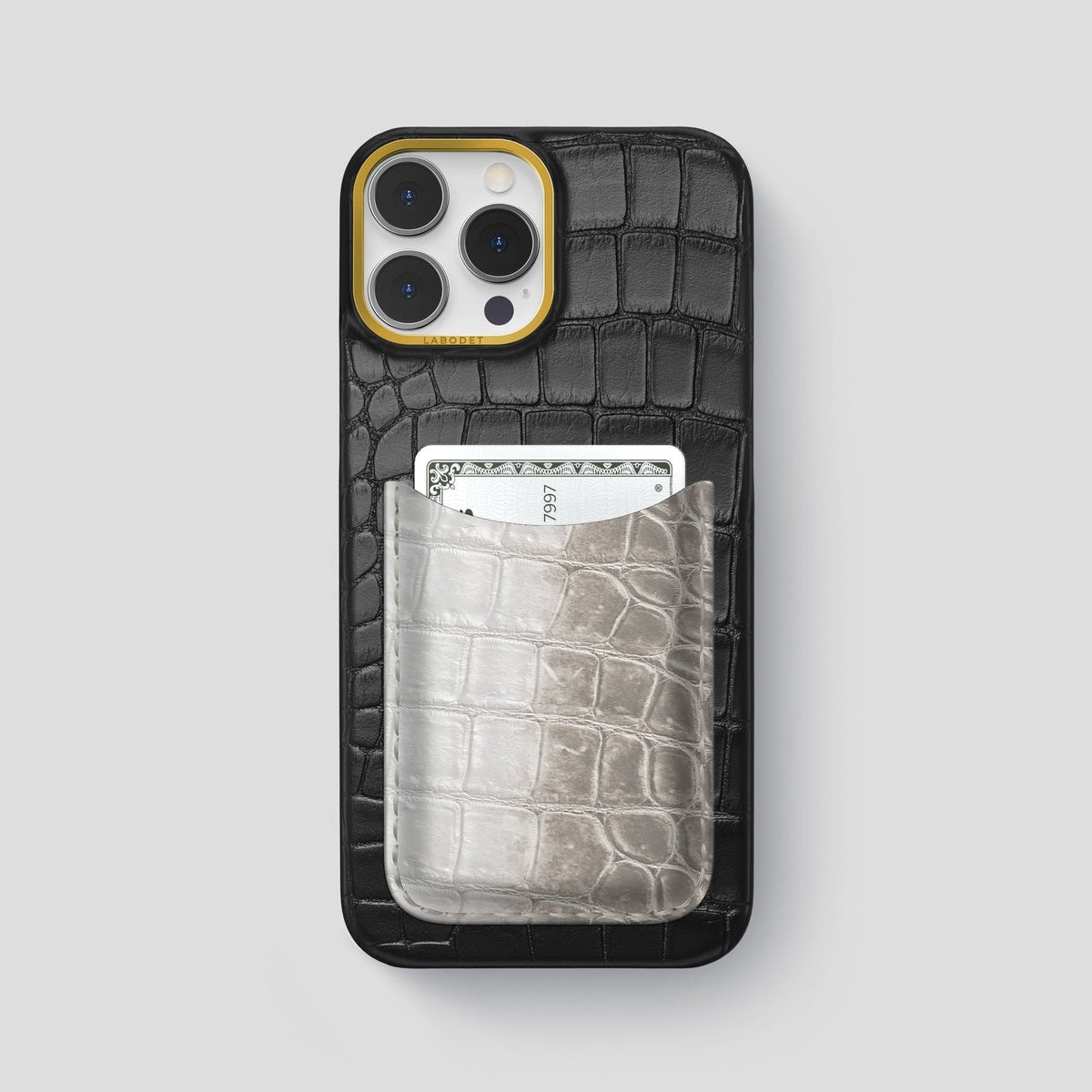 Black iPhone 15 Pro Max Double Card Case Alligator & Himalayan Crocodile with Gold Metal -1 | Black-Gold