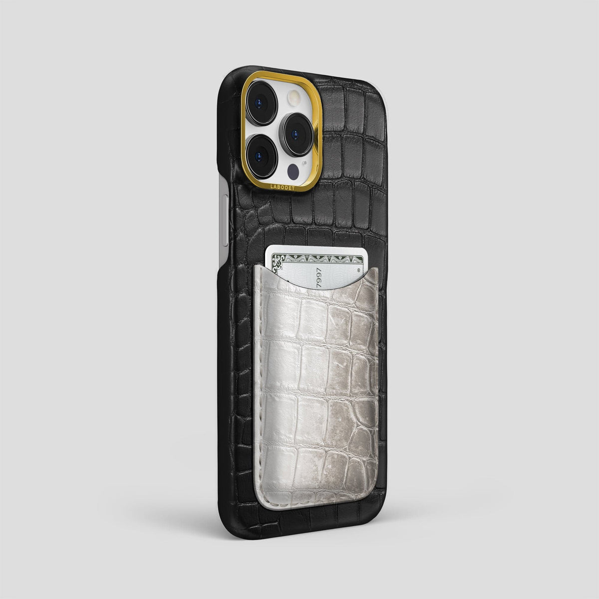 Black iPhone 15 Pro Max Double Card Case Alligator & Himalayan Crocodile with Gold Metal -2 | Black-Gold