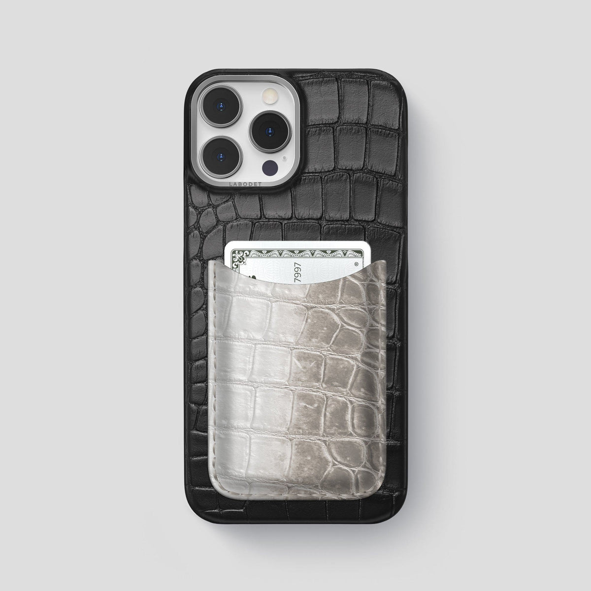 Black iPhone 15 Pro Max Double Card Case Alligator & Himalayan Crocodile with Steel Metal -1 | Black-Steel