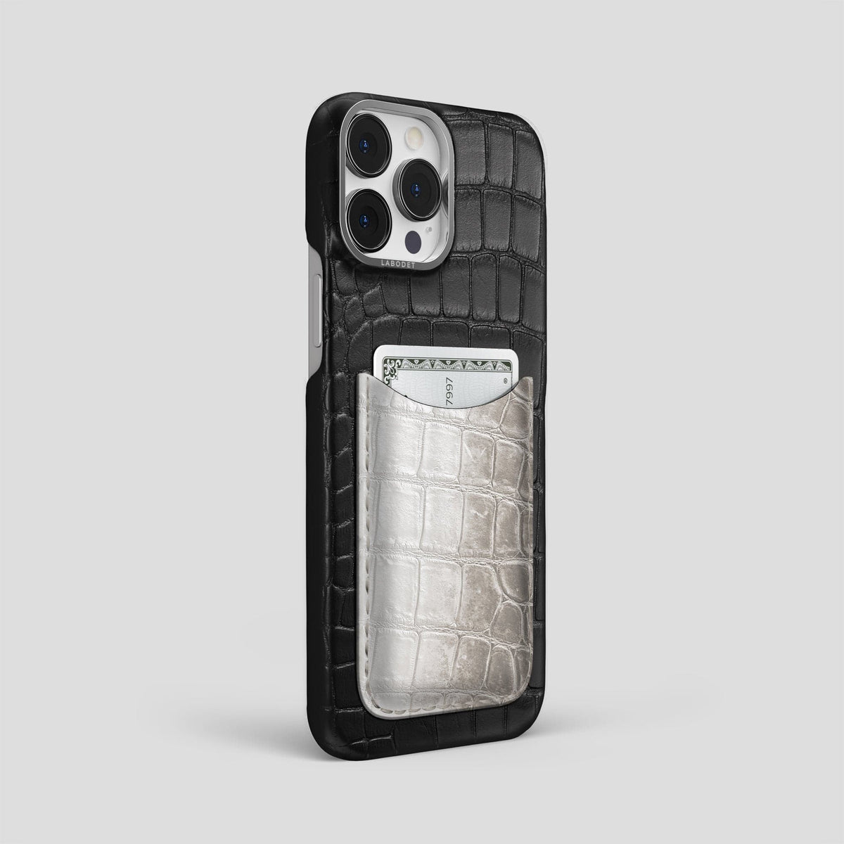 Black iPhone 15 Pro Max Double Card Case Alligator & Himalayan Crocodile with Steel Metal -2 | Black-Steel