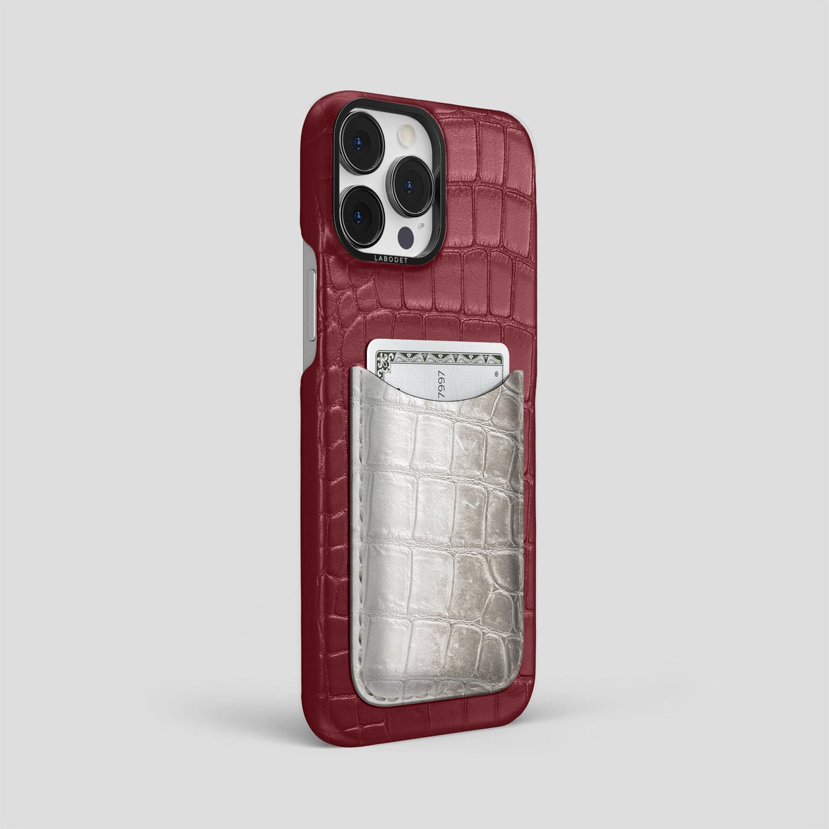 Burgundy iPhone 15 Pro Max Double Card Case Alligator & Himalayan Crocodile with Black Metal -2 | Burgundy-Black