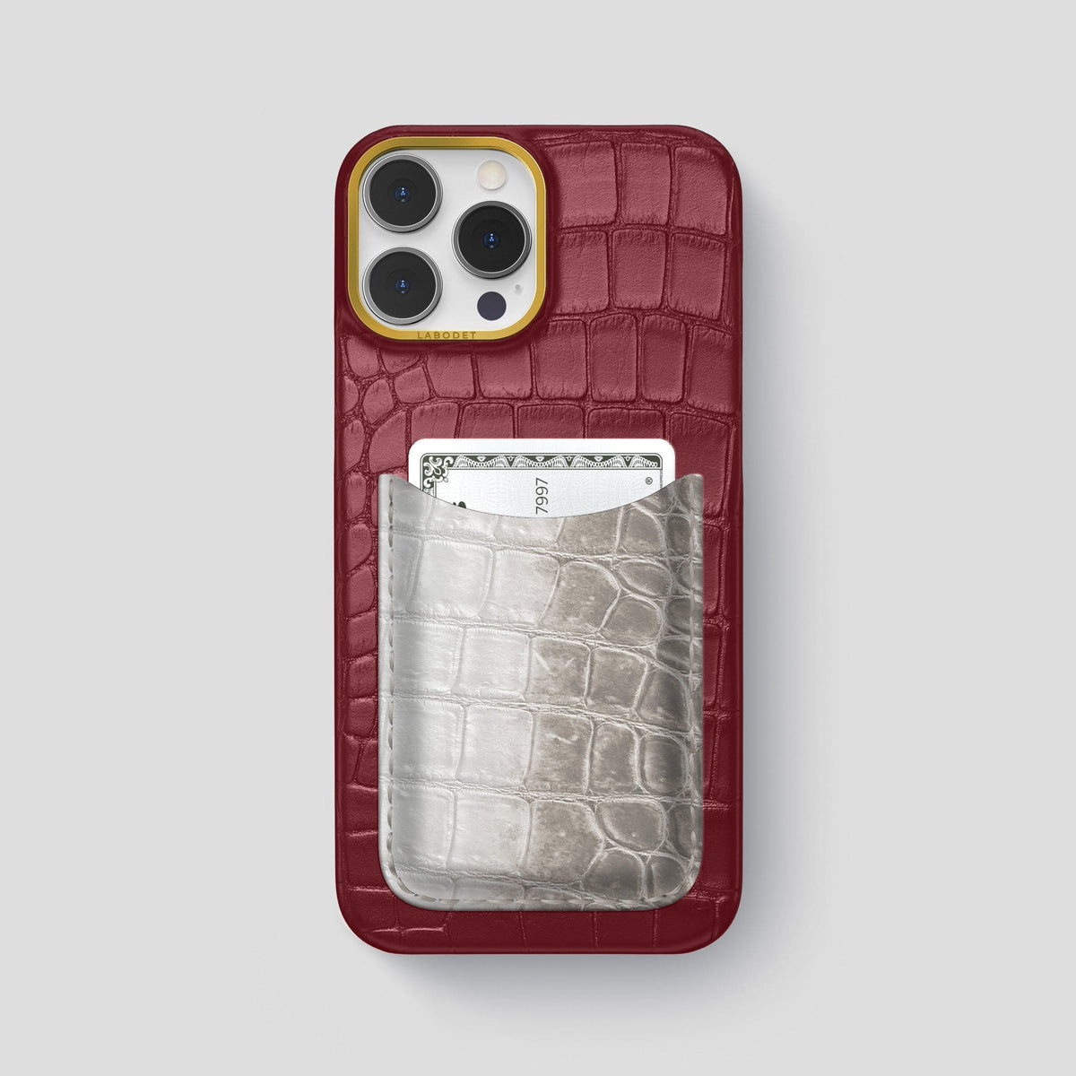 Burgundy iPhone 15 Pro Max Double Card Case Alligator & Himalayan Crocodile with Gold Metal -1 | Burgundy-Gold