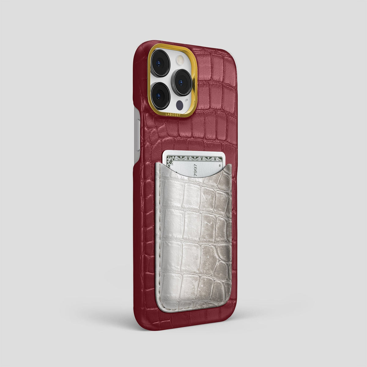 Burgundy iPhone 15 Pro Max Double Card Case Alligator & Himalayan Crocodile with Gold Metal -2 | Burgundy-Gold