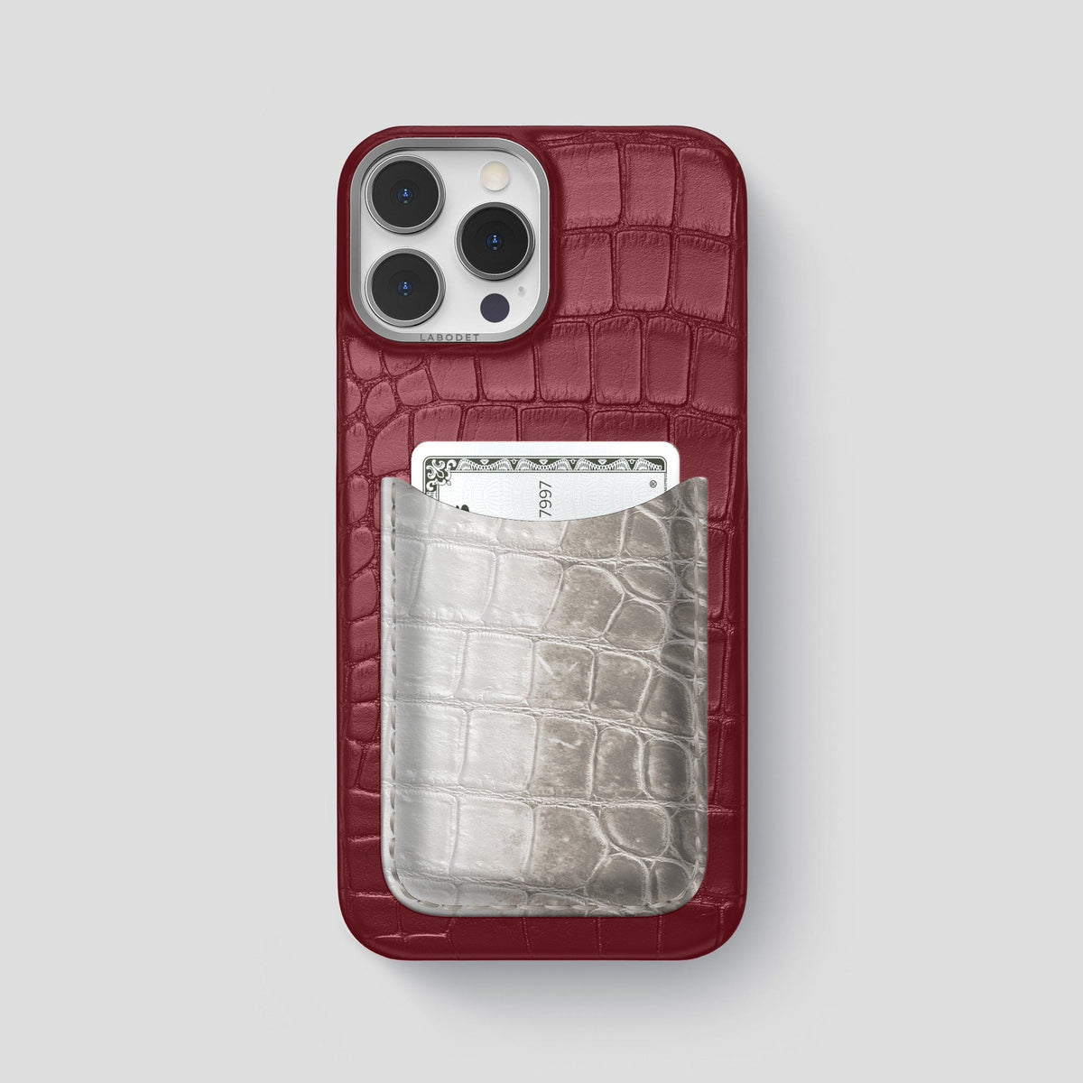 Burgundy iPhone 15 Pro Max Double Card Case Alligator & Himalayan Crocodile with Steel Metal -1 | Burgundy-Steel