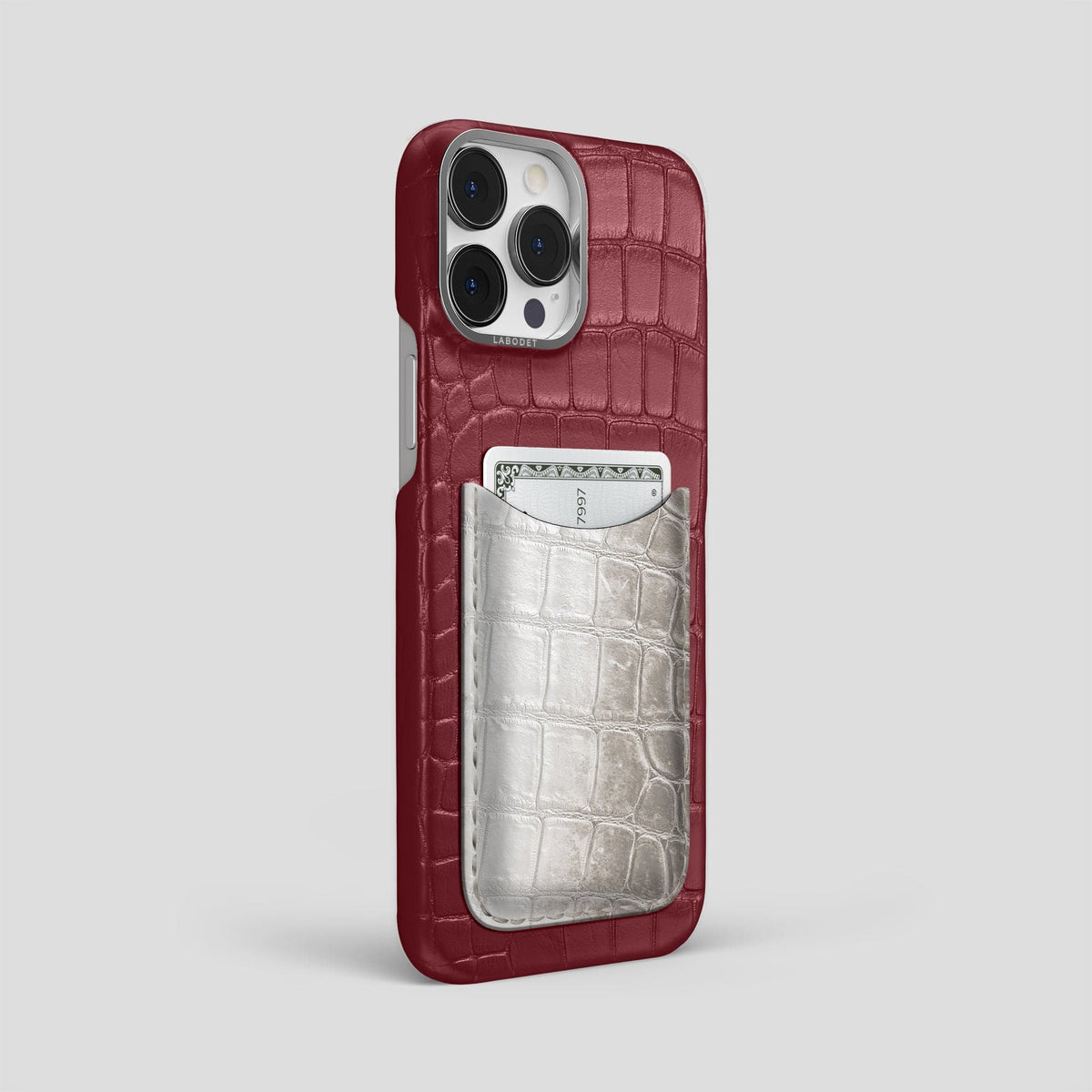 Burgundy iPhone 15 Pro Max Double Card Case Alligator & Himalayan Crocodile with Steel Metal -2 | Burgundy-Steel