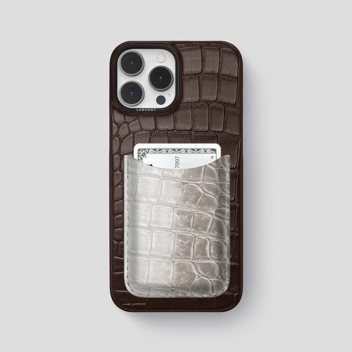 Dark-Brown iPhone 15 Pro Max Double Card Case Alligator & Himalayan Crocodile with Black Metal -1 | Dark-Brown-Black
