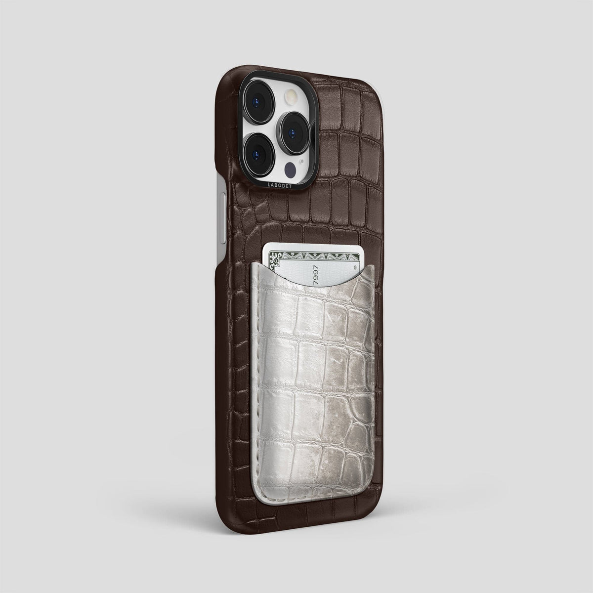 Dark-Brown iPhone 15 Pro Max Double Card Case Alligator & Himalayan Crocodile with Black Metal -2 | Dark-Brown-Black