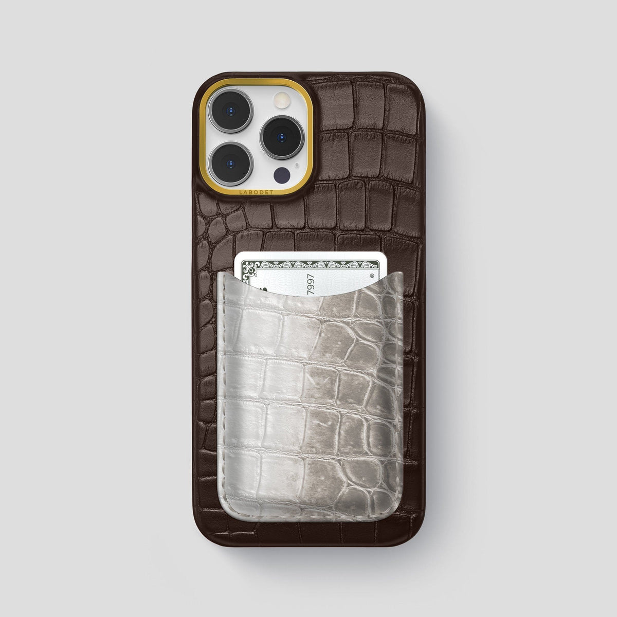 Dark-Brown iPhone 15 Pro Max Double Card Case Alligator & Himalayan Crocodile with Gold Metal -1 | Dark-Brown-Gold