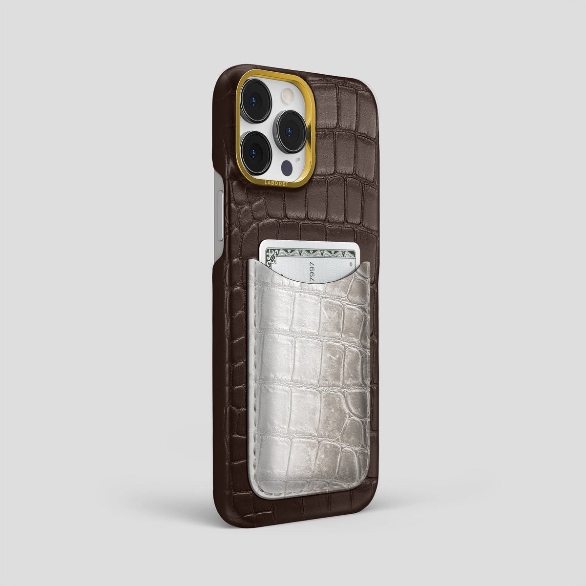 Dark-Brown iPhone 15 Pro Max Double Card Case Alligator & Himalayan Crocodile with Gold Metal -2 | Dark-Brown-Gold