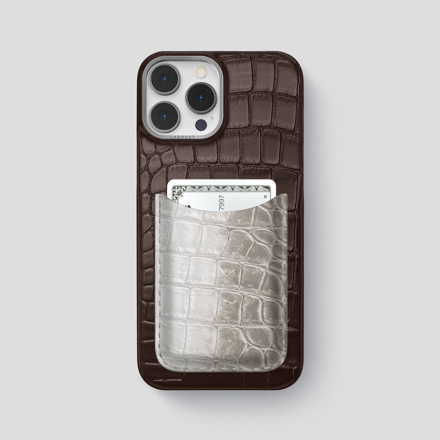 Dark-Brown iPhone 15 Pro Max Double Card Case Alligator & Himalayan Crocodile with Steel Metal -1 | Dark-Brown-Steel