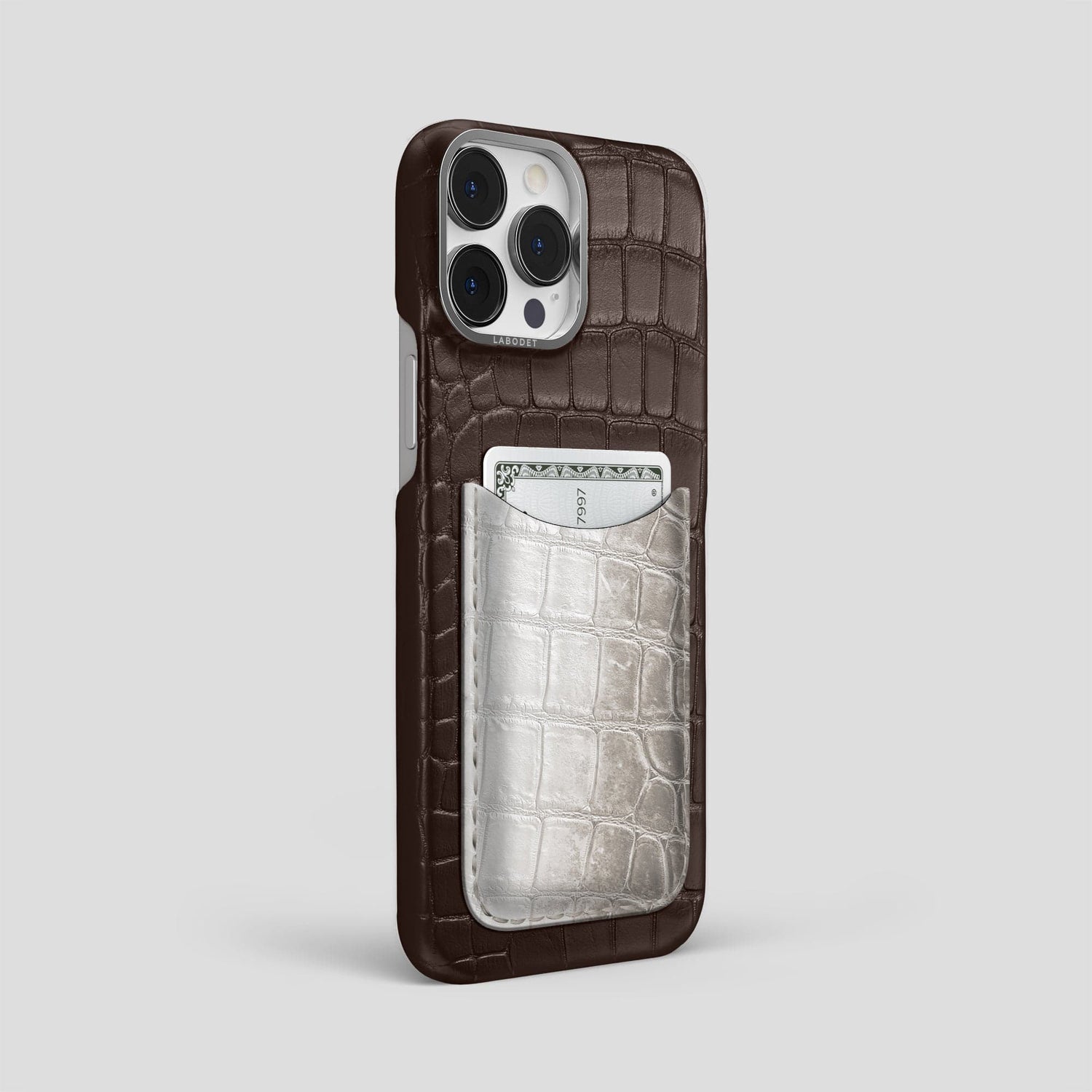 Dark-Brown iPhone 15 Pro Max Double Card Case Alligator & Himalayan Crocodile with Steel Metal -2 | Dark-Brown-Steel