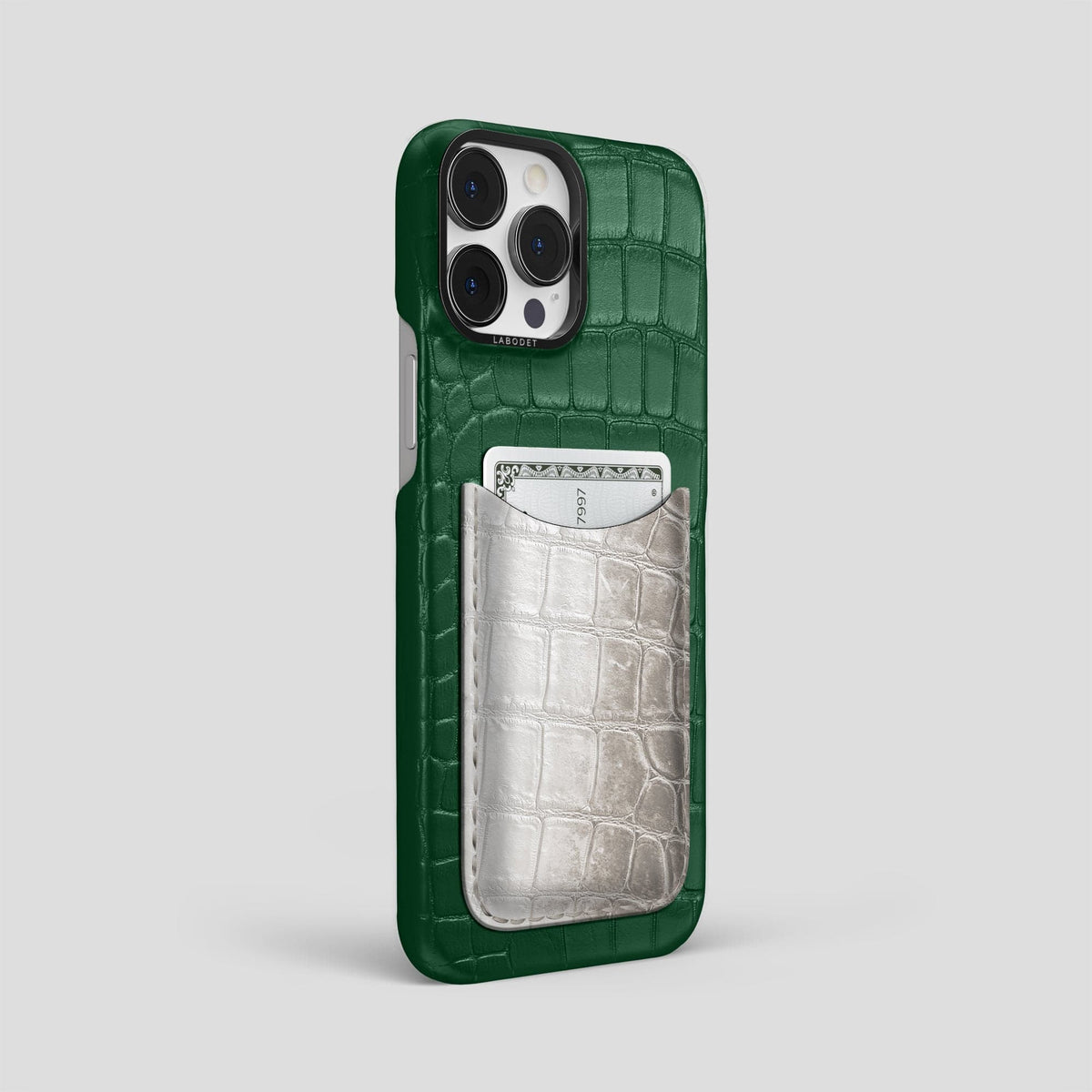 Forest-Green iPhone 15 Pro Max Double Card Case Alligator & Himalayan Crocodile with Black Metal -2 | Forest-Green-Black