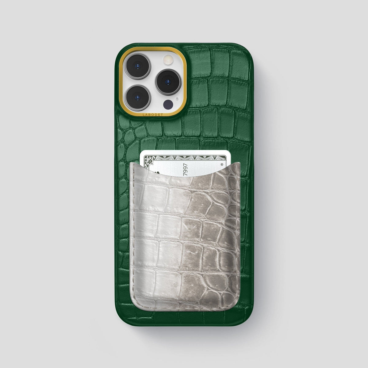 Forest-Green iPhone 15 Pro Max Double Card Case Alligator & Himalayan Crocodile with Gold Metal -1 | Forest-Green-Gold