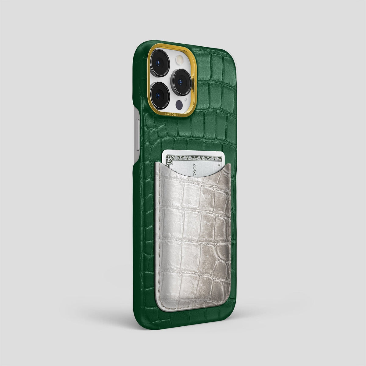 Forest-Green iPhone 15 Pro Max Double Card Case Alligator & Himalayan Crocodile with Gold Metal -2 | Forest-Green-Gold