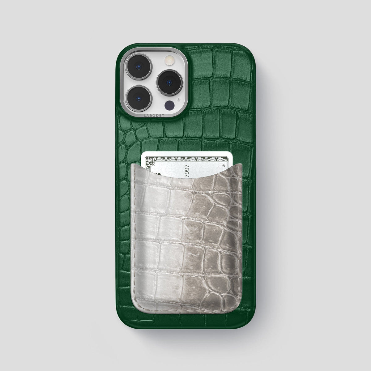 Forest-Green iPhone 15 Pro Max Double Card Case Alligator & Himalayan Crocodile with Steel Metal -1 | Forest-Green-Steel