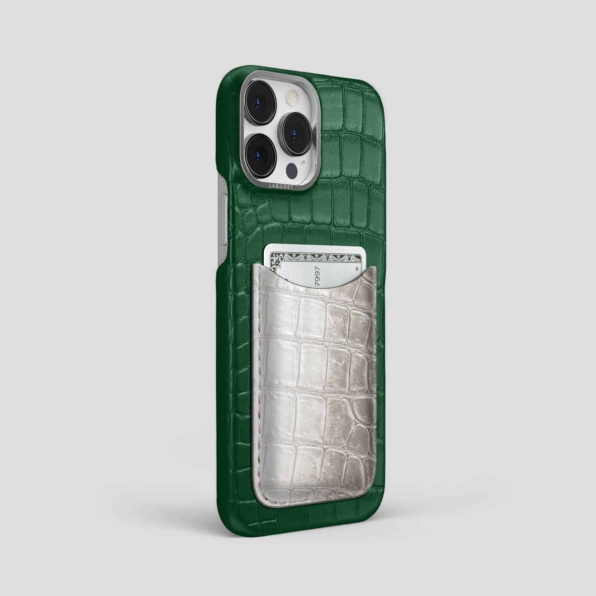 Forest-Green iPhone 15 Pro Max Double Card Case Alligator & Himalayan Crocodile with Steel Metal -2 | Forest-Green-Steel