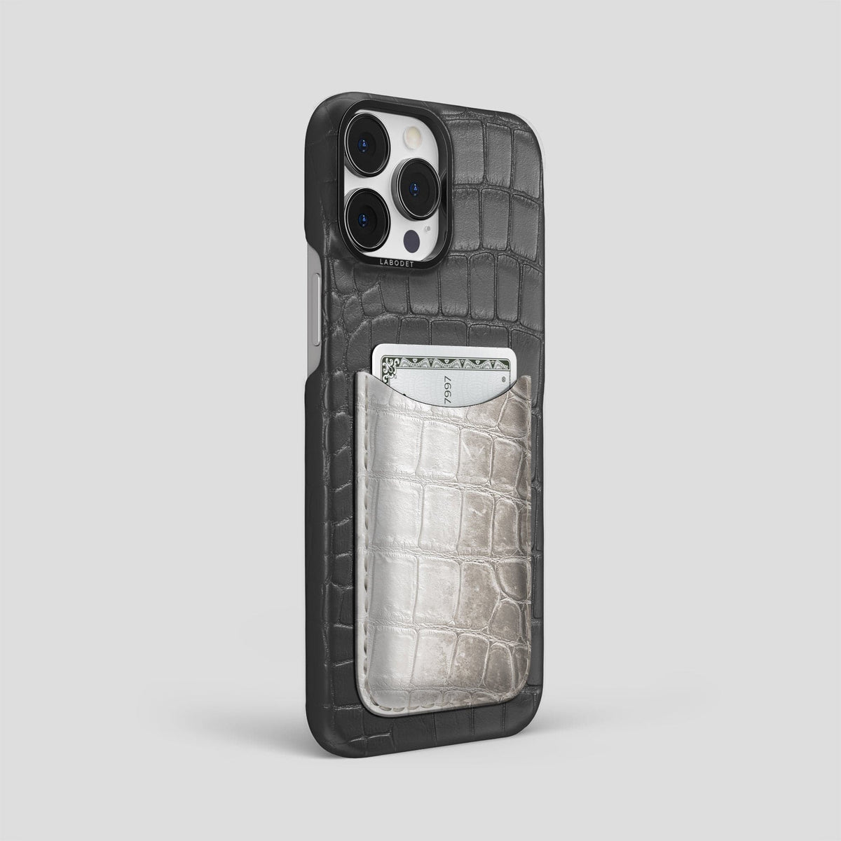 Grey iPhone 15 Pro Max Double Card Case Alligator & Himalayan Crocodile with Black Metal -2 | Grey-Black