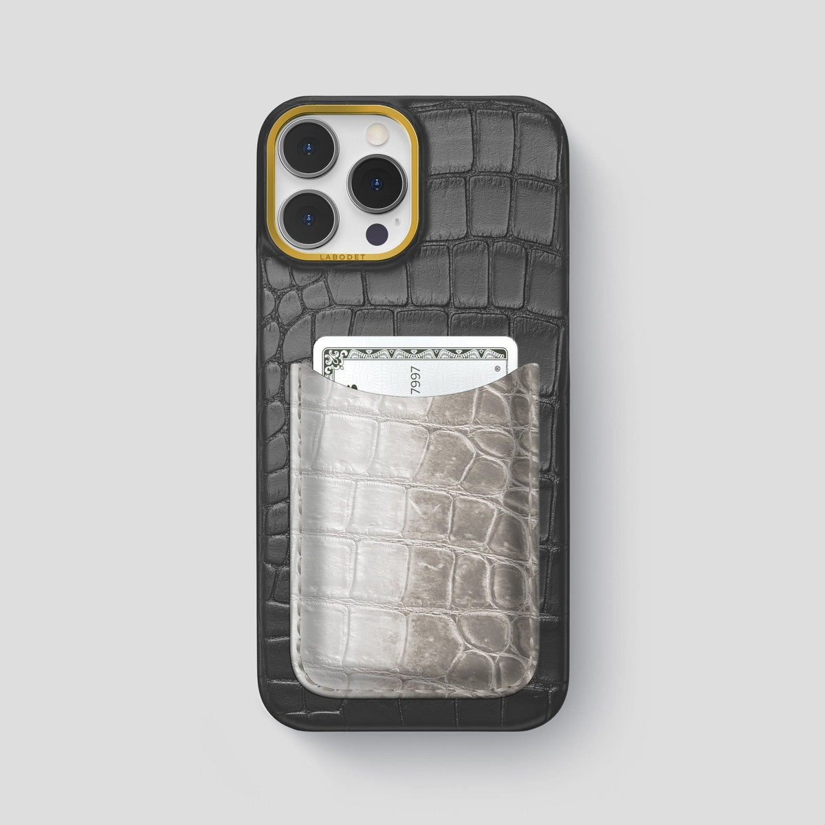 Grey iPhone 15 Pro Max Double Card Case Alligator & Himalayan Crocodile with Gold Metal -1 | Grey-Gold