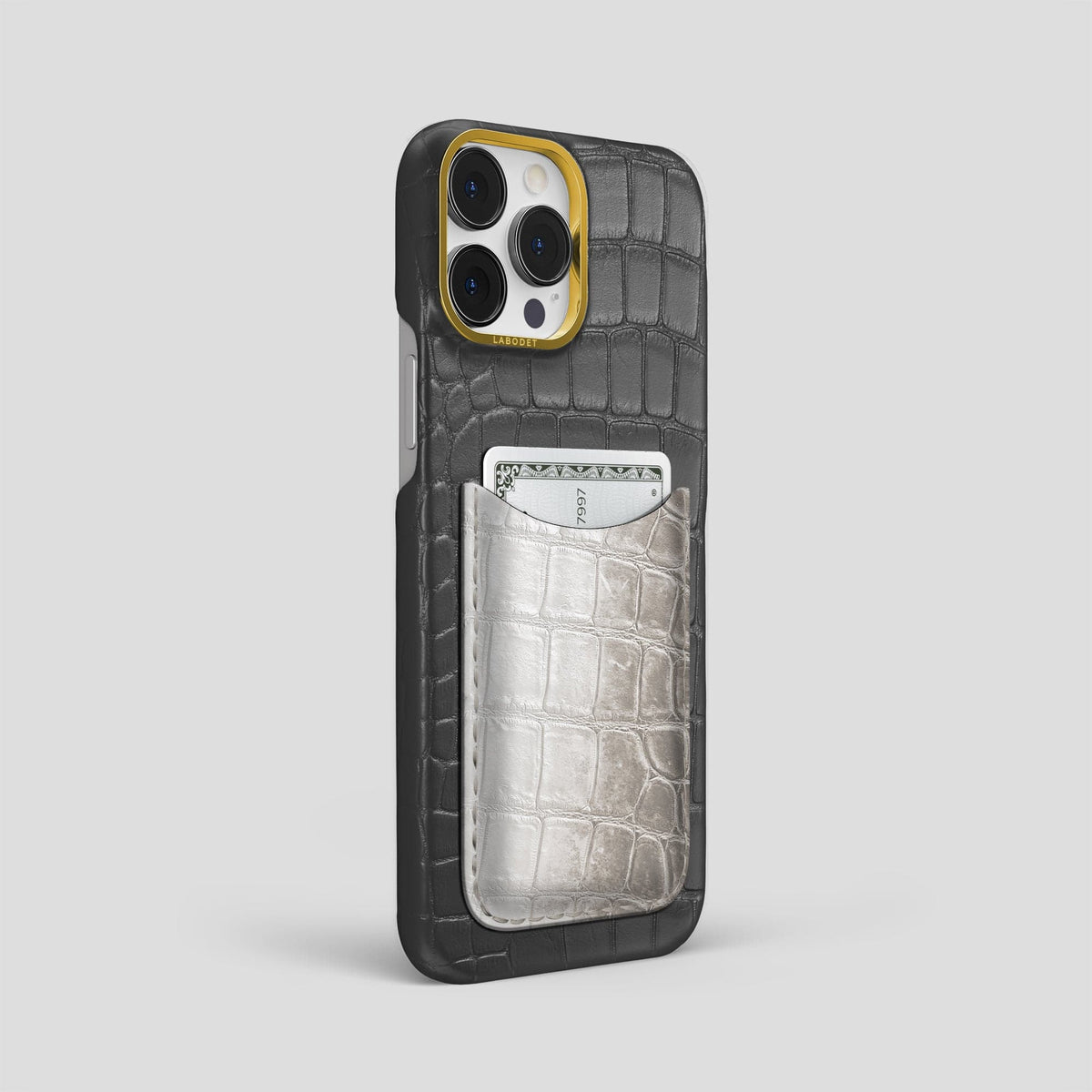 Grey iPhone 15 Pro Max Double Card Case Alligator & Himalayan Crocodile with Gold Metal -2 | Grey-Gold