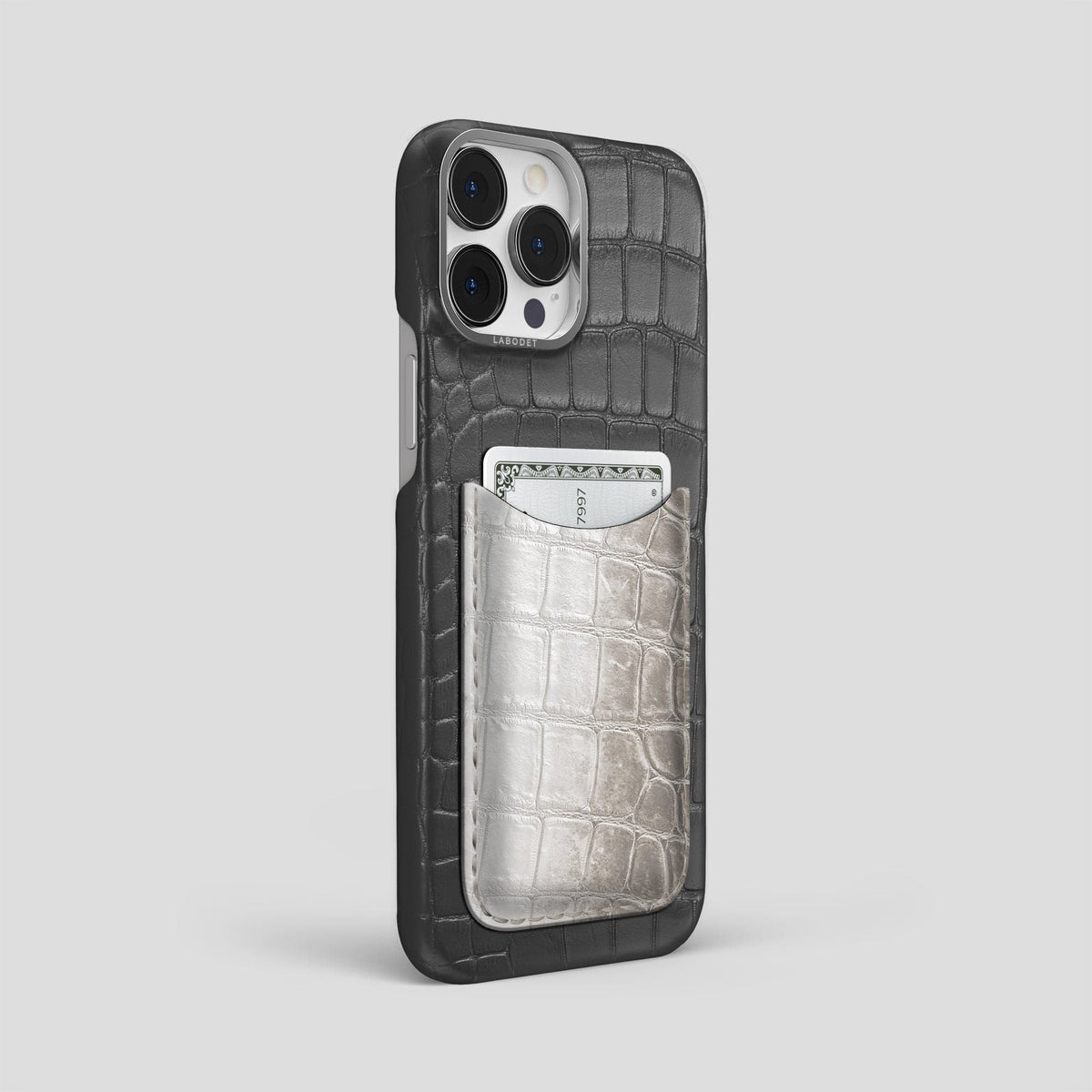 Grey iPhone 15 Pro Max Double Card Case Alligator & Himalayan Crocodile with Steel Metal -2 | Grey-Steel