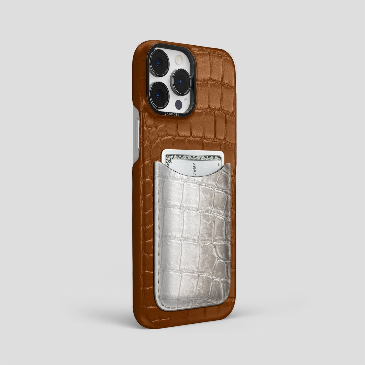 Honey iPhone 15 Pro Max Double Card Case Alligator & Himalayan Crocodile with Black Metal -2 | Honey-Black