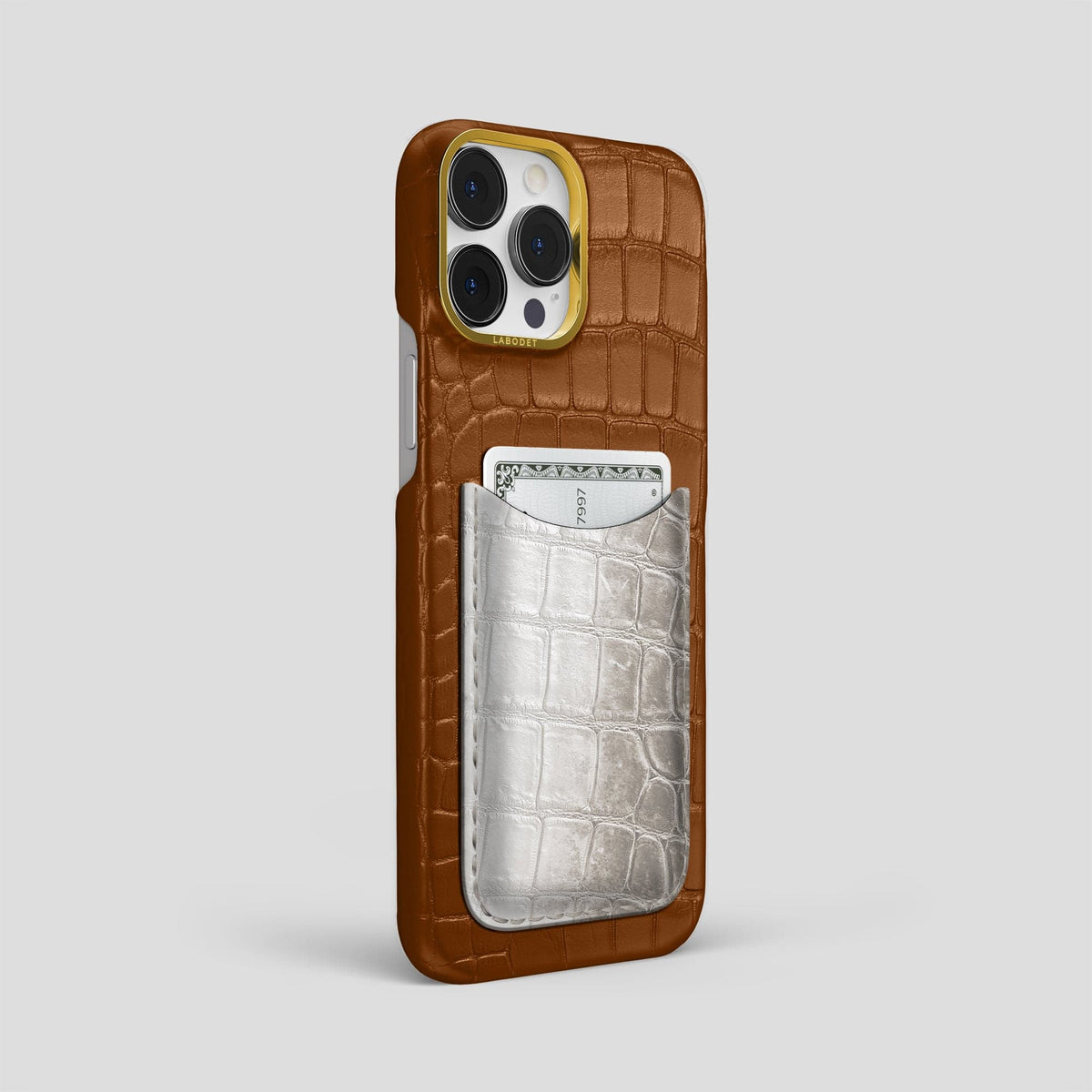 Honey iPhone 15 Pro Max Double Card Case Alligator & Himalayan Crocodile with Gold Metal -2 | Honey-Gold