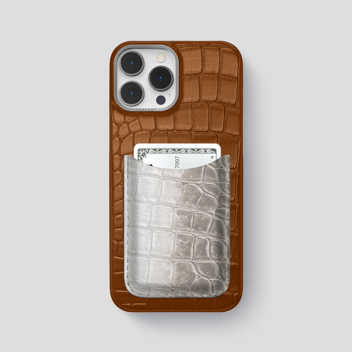 Honey iPhone 15 Pro Max Double Card Case Alligator & Himalayan Crocodile with Steel Metal -1 | Honey-Steel