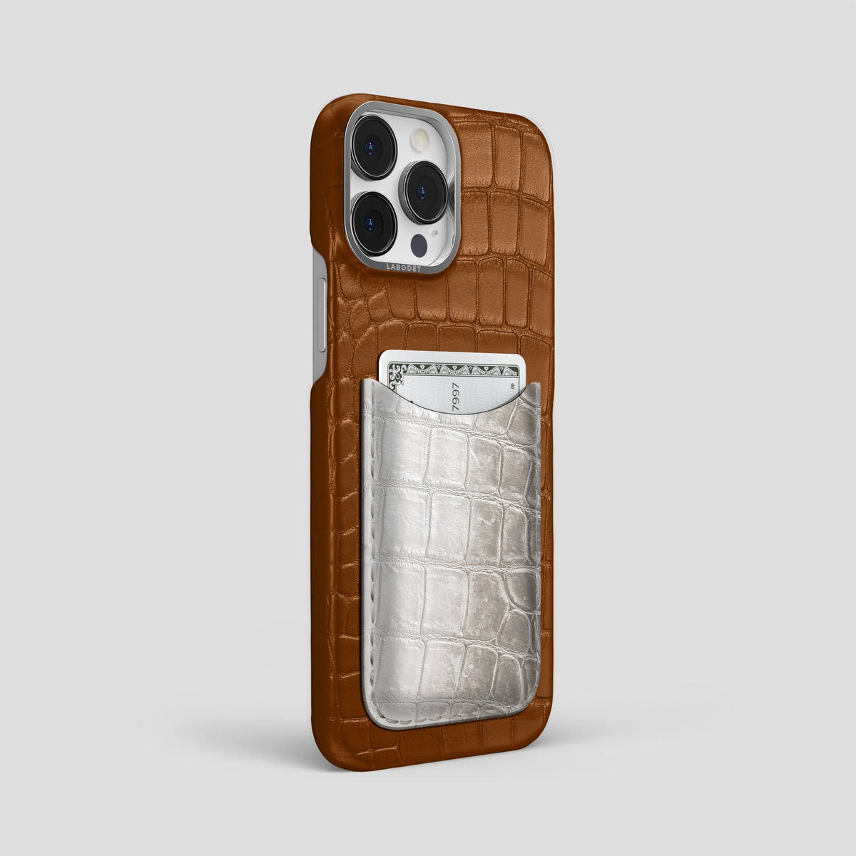 Honey iPhone 15 Pro Max Double Card Case Alligator & Himalayan Crocodile with Steel Metal -2 | Honey-Steel