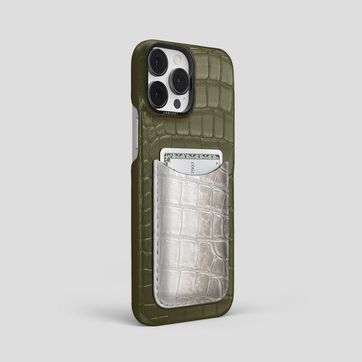 Kaki-Green iPhone 15 Pro Max Double Card Case Alligator & Himalayan Crocodile with Black Metal -2 | Kaki-Green-Black