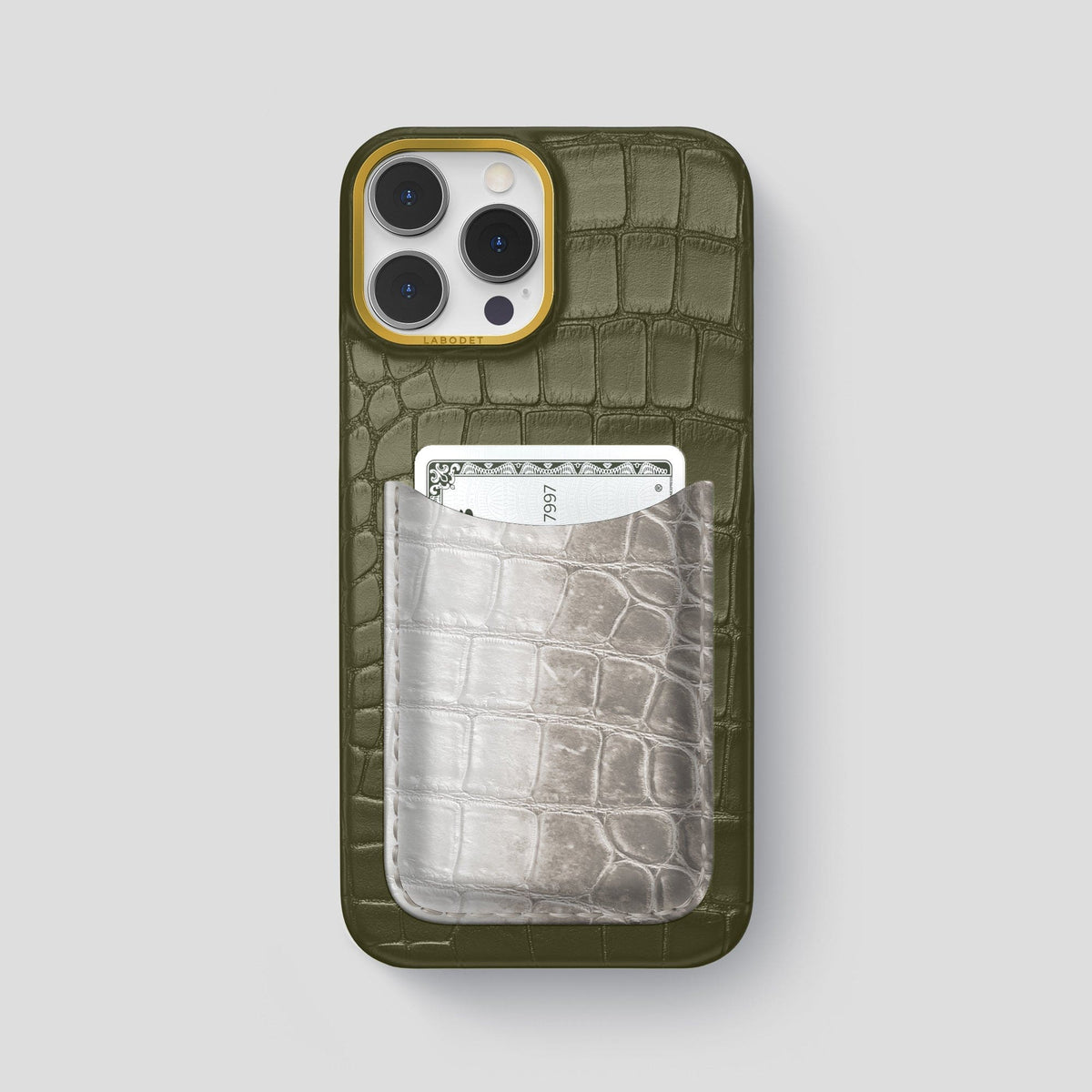 Kaki-Green iPhone 15 Pro Max Double Card Case Alligator & Himalayan Crocodile with Gold Metal -1 | Kaki-Green-Gold