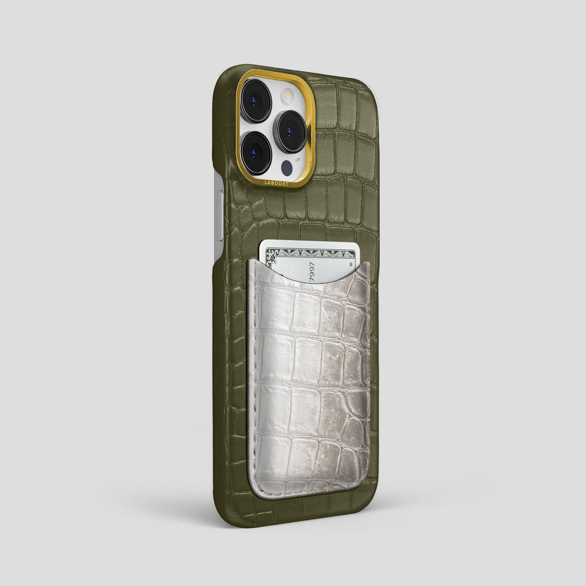 Kaki-Green iPhone 15 Pro Max Double Card Case Alligator & Himalayan Crocodile with Gold Metal -2 | Kaki-Green-Gold
