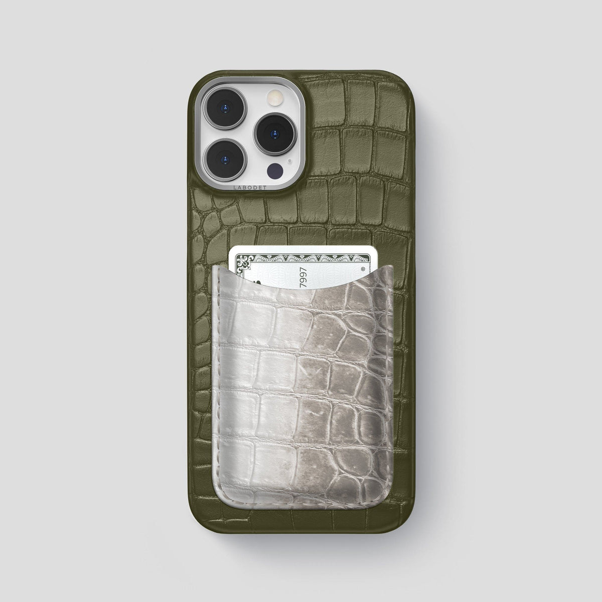 Kaki-Green iPhone 15 Pro Max Double Card Case Alligator & Himalayan Crocodile with Steel Metal -1 | Kaki-Green-Steel