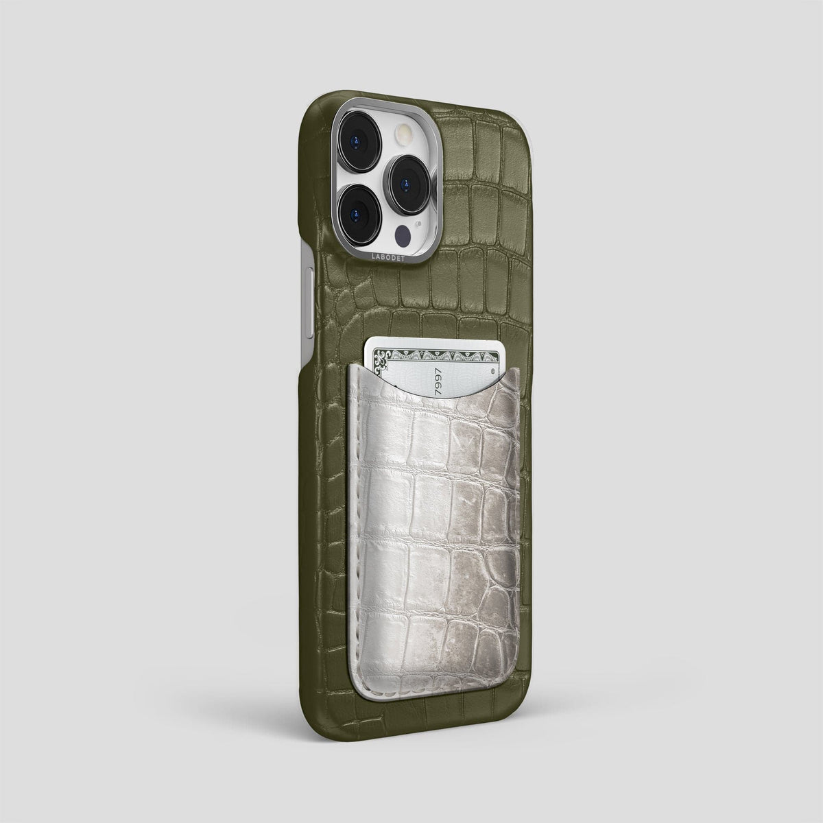 Kaki-Green iPhone 15 Pro Max Double Card Case Alligator & Himalayan Crocodile with Steel Metal -2 | Kaki-Green-Steel