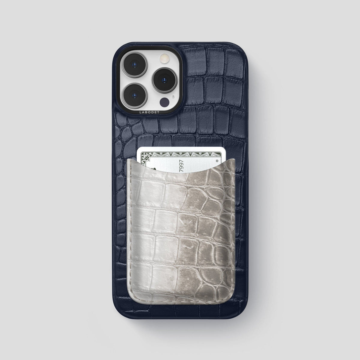 Navy Blue iPhone 15 Pro Max Double Card Case Alligator & Himalayan Crocodile with Black Metal -1 | Navy-Blue-Black