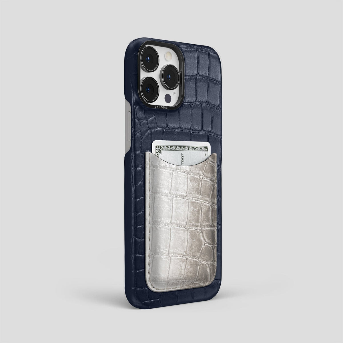 Navy Blue iPhone 15 Pro Max Double Card Case Alligator & Himalayan Crocodile with Black Metal -2 | Navy-Blue-Black