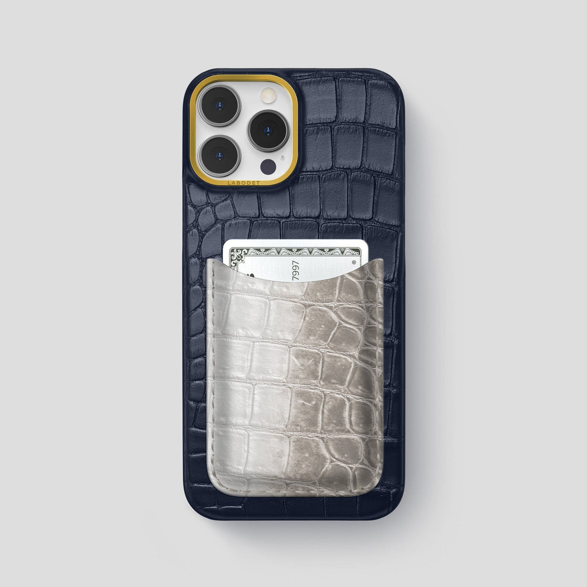 Navy Blue iPhone 15 Pro Max Double Card Case Alligator & Himalayan Crocodile with Gold Metal -1 | Navy-Blue-Gold