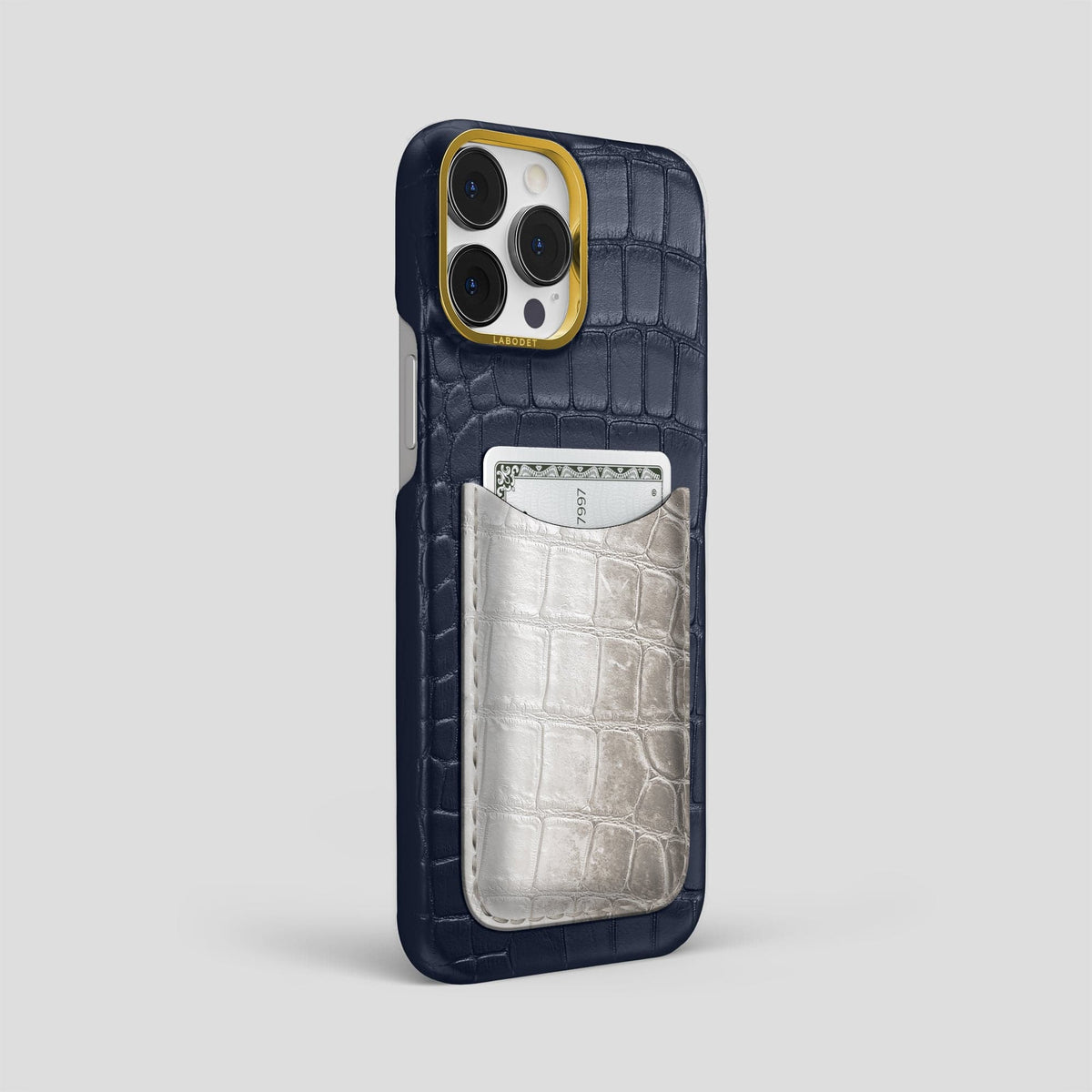 Navy Blue iPhone 15 Pro Max Double Card Case Alligator & Himalayan Crocodile with Gold Metal -2 | Navy-Blue-Gold