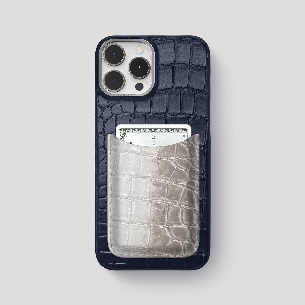 Navy Blue iPhone 15 Pro Max Double Card Case Alligator & Himalayan Crocodile with Steel Metal -1 | Navy-Blue-Steel