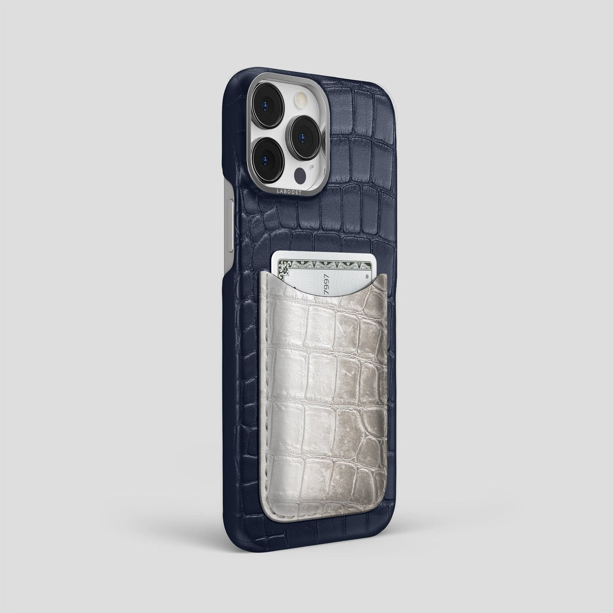 Navy Blue iPhone 15 Pro Max Double Card Case Alligator & Himalayan Crocodile with Steel Metal -2 | Navy-Blue-Steel