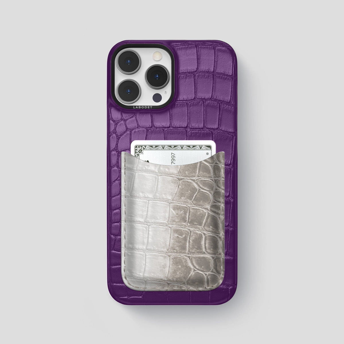 Purple iPhone 15 Pro Max Double Card Case Alligator & Himalayan Crocodile with Black Metal -1 | Purple-Black