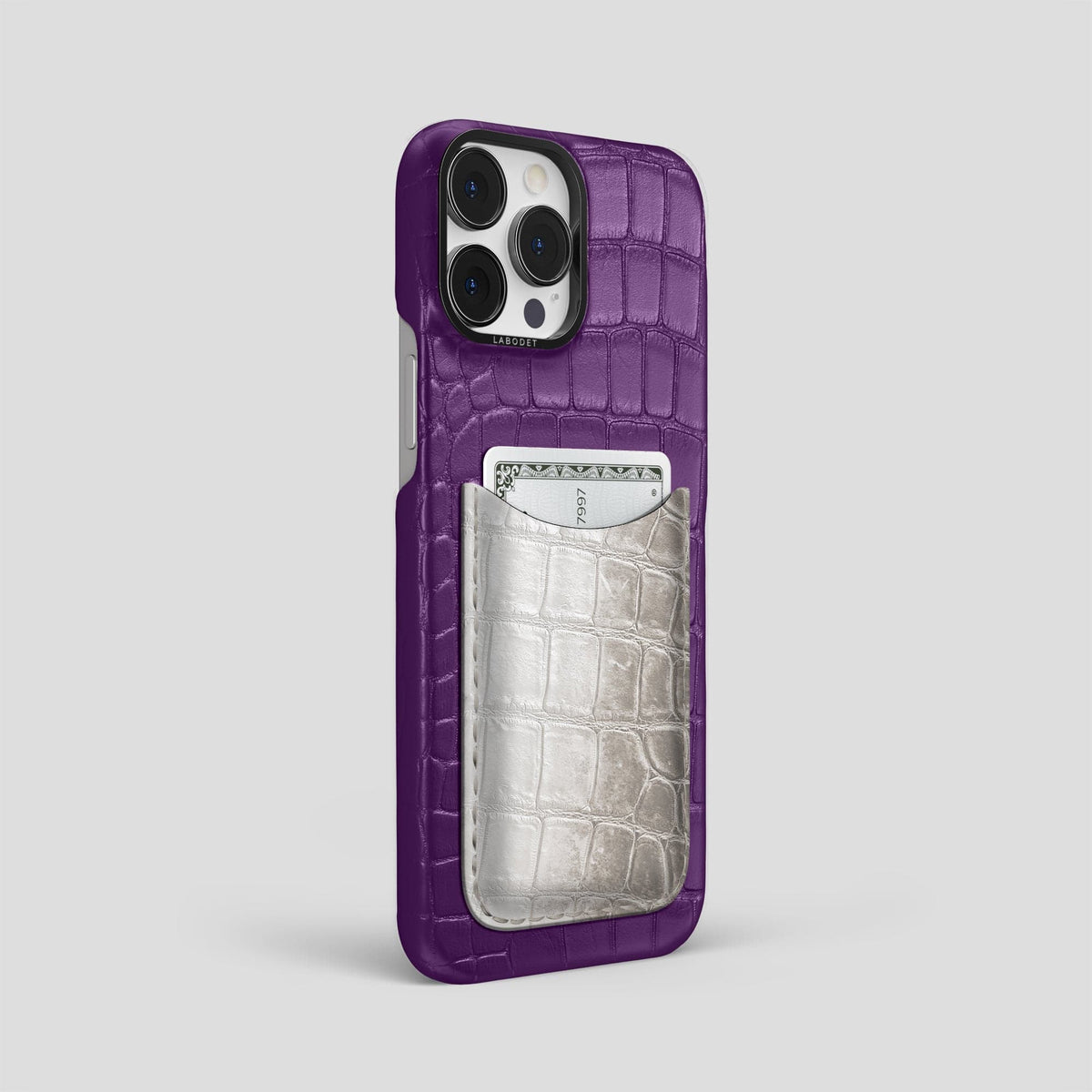 Purple iPhone 15 Pro Max Double Card Case Alligator & Himalayan Crocodile with Black Metal -2 | Purple-Black