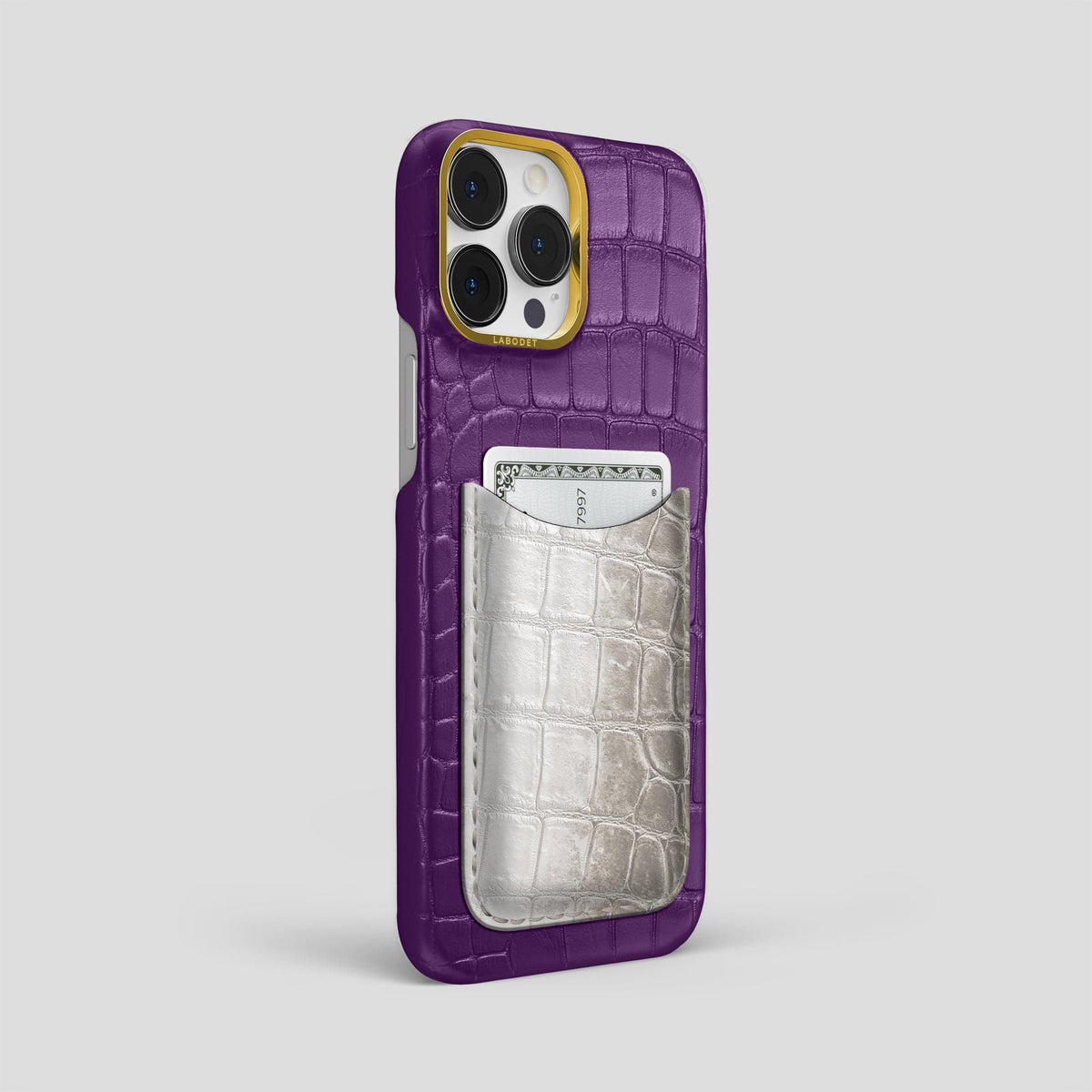 Purple iPhone 15 Pro Max Double Card Case Alligator & Himalayan Crocodile with Gold Metal -2 | Purple-Gold