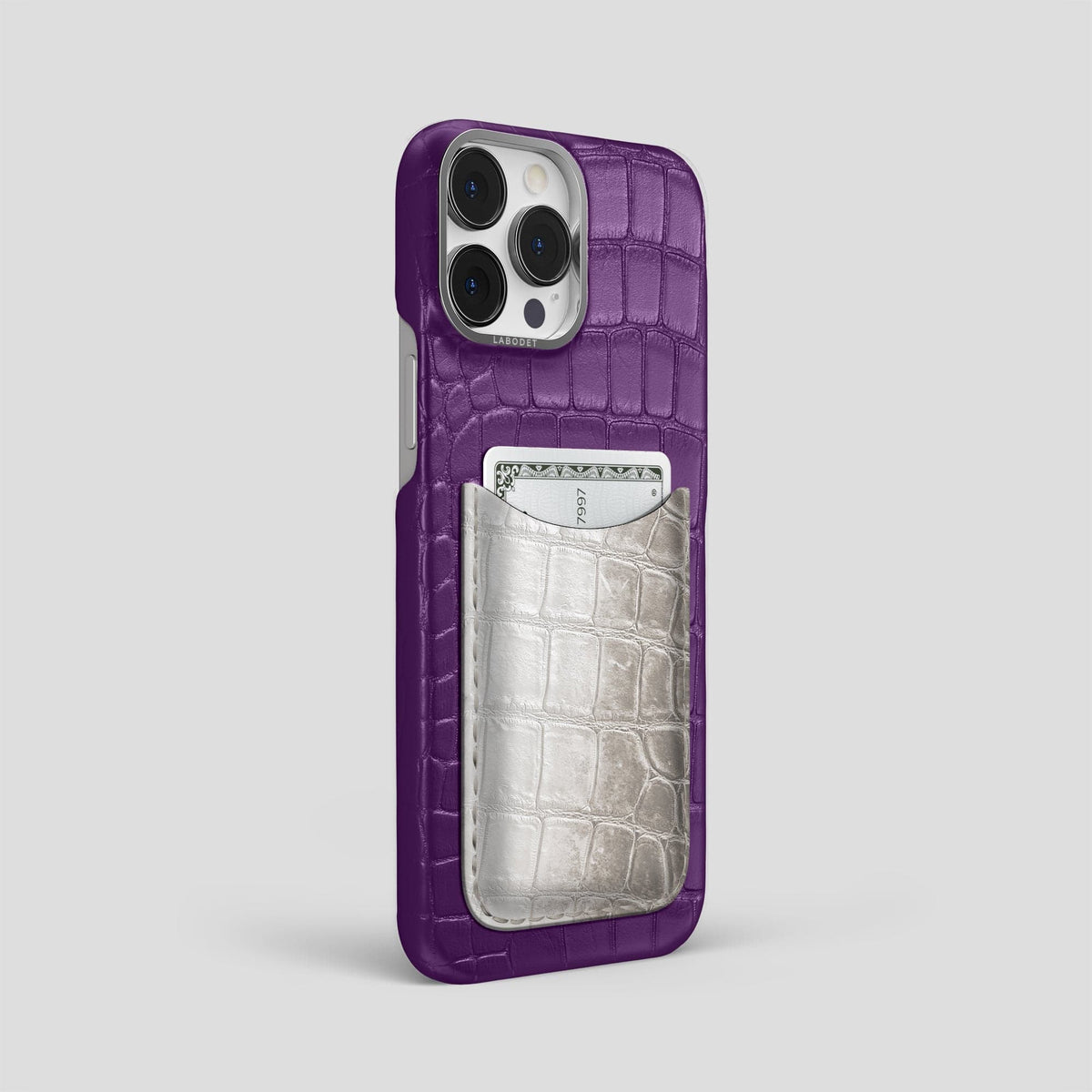 Purple iPhone 15 Pro Max Double Card Case Alligator & Himalayan Crocodile with Steel Metal -2 | Purple-Steel