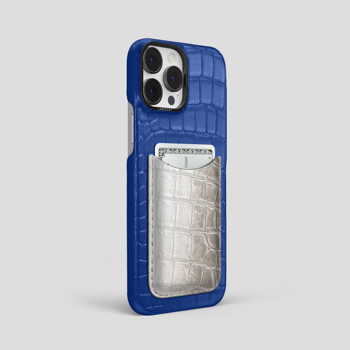 Royal Blue iPhone 15 Pro Max Double Card Case Alligator & Himalayan Crocodile with Black Metal -2 | Royal-Blue-Black