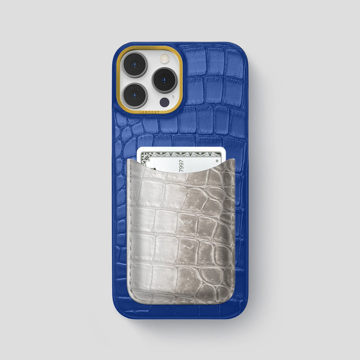 Royal Blue iPhone 15 Pro Max Double Card Case Alligator & Himalayan Crocodile with Gold Metal -1 | Royal-Blue-Gold