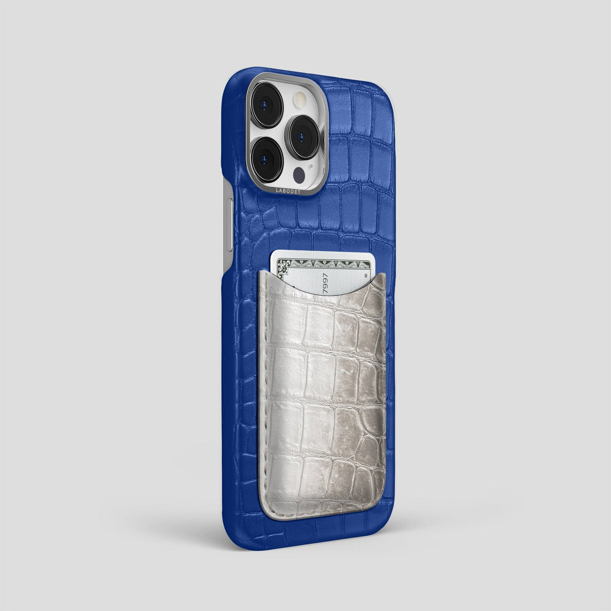 Royal Blue iPhone 15 Pro Max Double Card Case Alligator & Himalayan Crocodile with Steel Metal -2 | Royal-Blue-Steel