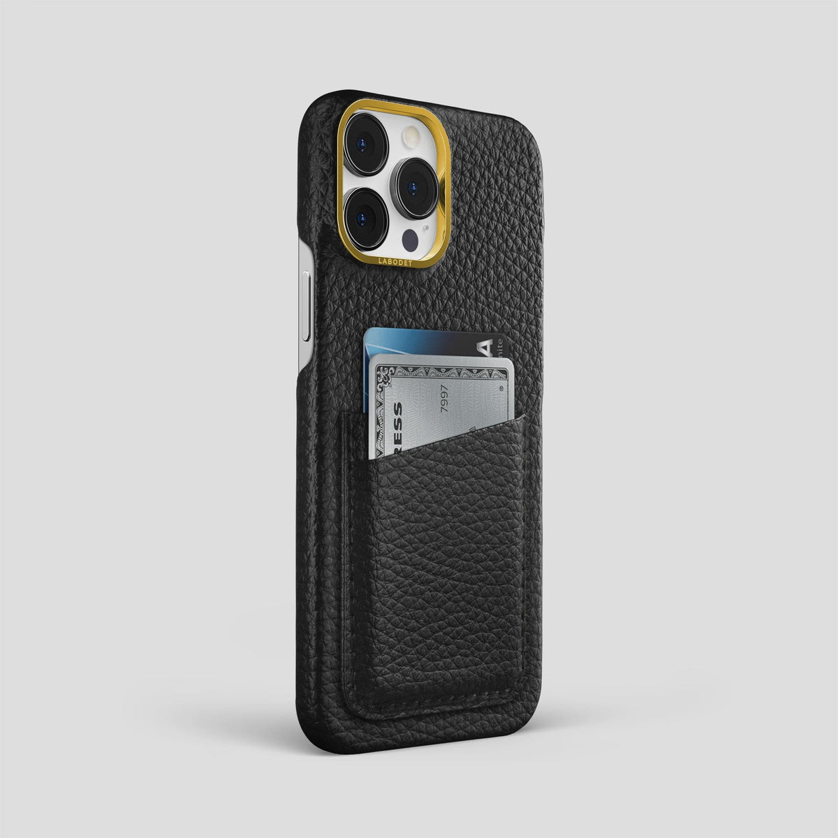 Black iPhone 15 Pro Max Card Case Calf with Gold Metal -2 | Black-Gold
