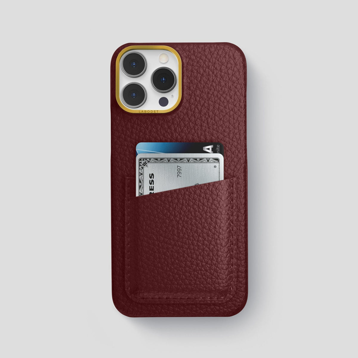 Bordeaux iPhone 15 Pro Max Card Case Calf with Gold Metal -1 | Bordeaux-Gold