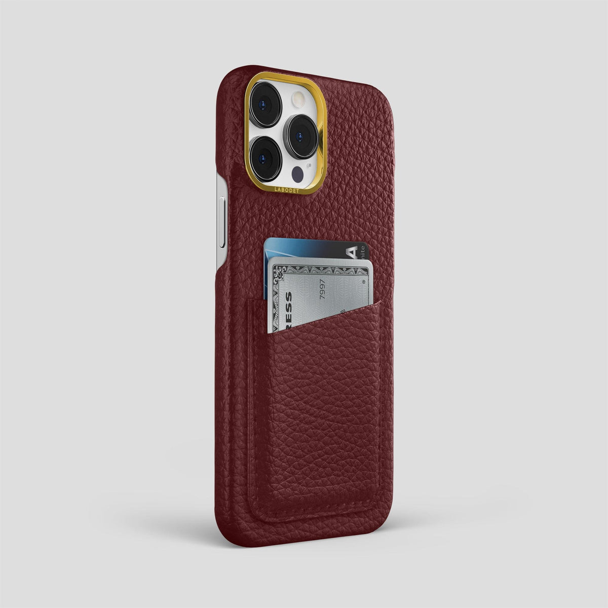 Bordeaux iPhone 15 Pro Max Card Case Calf with Gold Metal -2 | Bordeaux-Gold
