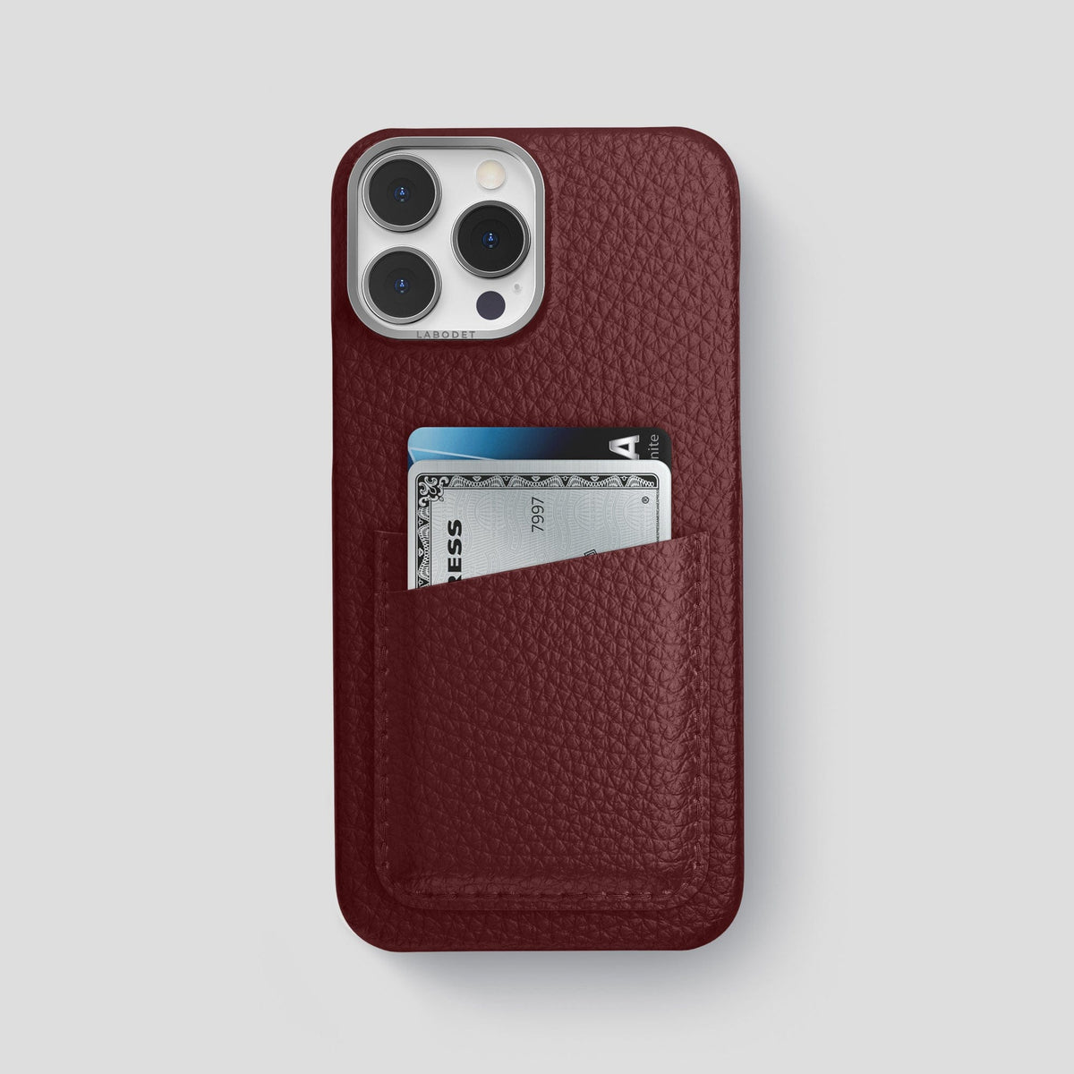 Bordeaux iPhone 15 Pro Max Card Case Calf with Steel Metal -1 | Bordeaux-Steel